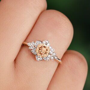 Vintage Style Floral ring - Champagne Citrine, Art Deco Flower Ring